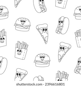 Seamless pattern with line art hot dog, burger, french fries and pizza. Cartoon black characters in trendy retro style. Vector illustration