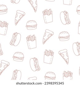 Patrón sin inconvenientes con el arte de la línea hot dog, hamburguesa, patatas fritas y pizza. Elementos del doodle rojo sobre fondo blanco. Ilustración del vector