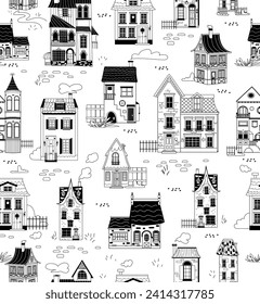 Seamless pattern of line art house cottage vector. Outline Hand drawn town city mansion building on white background for print, fabric, wrapping paper, wallpaper, textile, cover