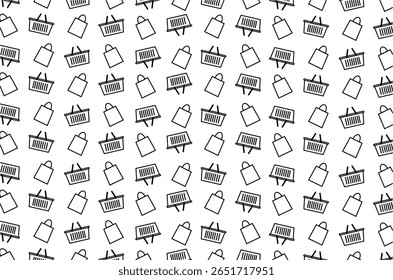Um padrão perfeito de ícones de arte de linha de sacolas de compras e cestas de compras, organizados em um layout diagonal. Perfeito para uso no tema de e-commerce, fundo de loja online, embalagem e marketing digital
