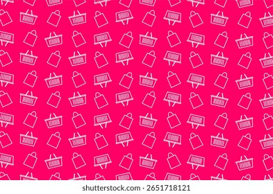 Um padrão perfeito de ícones de arte de linha de sacolas de compras e cestas de compras, organizados em um layout diagonal. Perfeito para uso no tema de e-commerce, fundo de loja online, embalagem e marketing digital