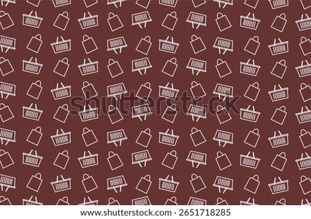 A seamless pattern of line art icons of shopping bags and shopping baskets, arranged in a diagonal layout. Perfect for use in e-commerce theme, online store background, packaging and digital marketing