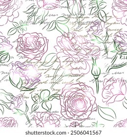 Seamless pattern with line art illustrations of styled roses isolated on white. Summer seasonal concept with flowers for decorations, invitations, greeting cards, weddings. No foreign language.