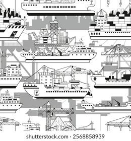 Seamless pattern with line art illustrations of modern commercial ships and cargo port cranes against white background. Trade, business, import, export, logistics concept. 