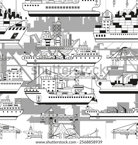 Seamless pattern with line art illustrations of modern commercial ships and cargo port cranes against white background. Trade, business, import, export, logistics concept. 