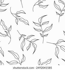 Hojas de arte de línea de patrón sin costura. Fondo de silueta dibujado a mano de Naturaleza. Vector de impresión de Fondo de pantalla, muestra de tela textil, cubierta. 
