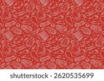 Seamless pattern with line art meat steak, sausage, bacon, drumstick, garlic, chili. herbs and spices on red background. Great for butcher shop, deli packaging or kitchen design.