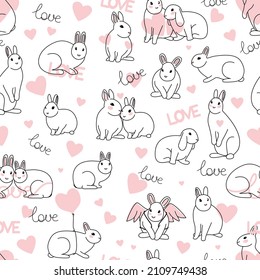 Seamless pattern with line art minimalistic rabbits with hearts. Love and Valentine's Day. Hand drawn cute animal for love confession and greeting cards