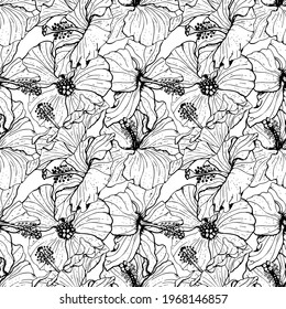 Nahtloses Muster mit einfarbigen Hibiskusblumen, Knospen und Blättern der Linie, mit schwarzem Umriss. Auf weißem Hintergrund. Stock-Vektorgrafik.