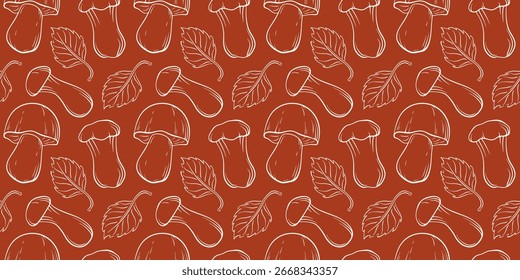 Padrão contínuo de linha arte cogumelos e folhas em fundo vermelho. Perfeito para design temático de outono e ilustração botânica.