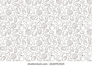 Seamless pattern with line art nut on white background. Peanut, almond, walnut, cashew, hazelnut, pistachio, pecan and macadamia. Perfect for packaging, textile and kitchen decor.