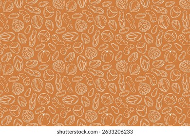 Padrão contínuo com porca de arte em fundo marrom. Amendoim, amêndoa, noz, caju, avelã, pistácio, nozes e macadâmia. Perfeito para papel de parede, embalagem e menu de cozinha.