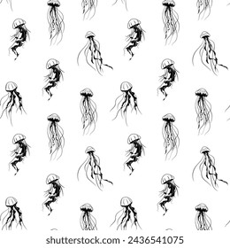 Seamless pattern Line art one line jellyfish for decoration design. Black line vector illustration on white background