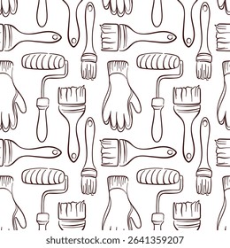 Seamless pattern with line art painting tools including brush, paint roller and gloves. Perfect for construction wallpaper packaging or renovation themed design project.