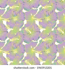 Nahtloses Muster mit pastellfarbenen lila Hibiskusblumen, Knospen und Blättern, gelber Umriss. Auf weißem Hintergrund. Stock-Vektorgrafik.