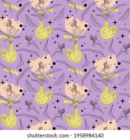 Seamless pattern with line art potted house plant canna lily and abstract shapes. On a violet background. Vector illustration.