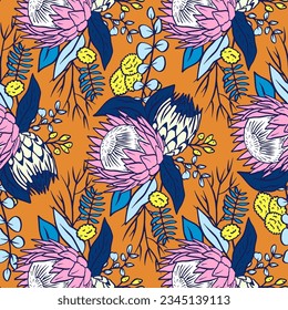 Patrón sin foco con las flores de protea de arte lineal sobre fondo naranja. Papel de pared tropical floral.