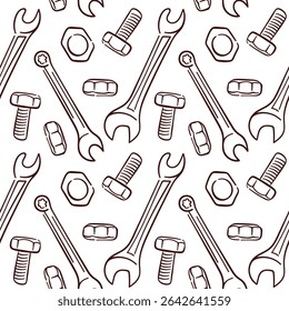 Padrão perfeito com ferramentas de reparo de arte de linha, incluindo chave inglesa, parafuso, porca e parafuso no fundo branco. Perfeito para construção de loja mecânica e design de engenharia.