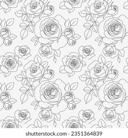 Seamless pattern with line art roses, buds and leaves. Beautiful blossoming hand drawn flower on white background. Abstract wallpaper. Vector stock illustration	