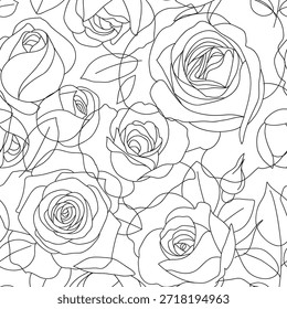 Patrón sin fisuras con las rosas del arte de la línea. Hermosa flor dibujada a mano en flor con brote sobre fondo blanco. Fondo de pantalla abstracto. Vector ilustración de stock