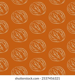 Seamless pattern of line art round bread loaves on a brown background. Ideal for bakery theme, packaging and food related design project.