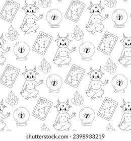 Seamless pattern, line art, satan cute ocultism magic 