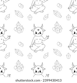 Seamless pattern, line art, satan cute ocultism magic 