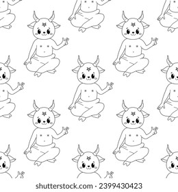 Seamless pattern, line art, satan cute ocultism magic 