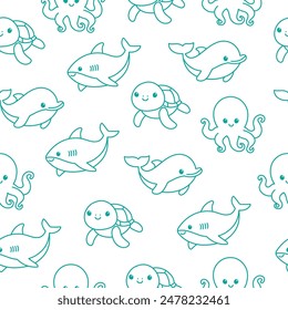 Seamless pattern of line art sea animals on white background. Marine life animals. Template for baby shower, print, fabric, greeting cards and invitation. Vector illustration