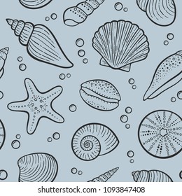 Seamless pattern - line art seashells vector illustration