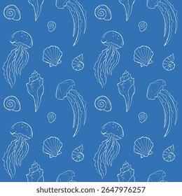 Seamless pattern with line art of seashells and jellyfish on blue background. Vector illustration design for fabric, packaging, or wrapping paper. Underwater life, ocean creatures. 