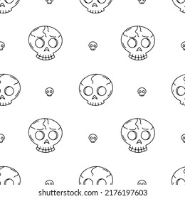 Seamless pattern with line art skulls on white background