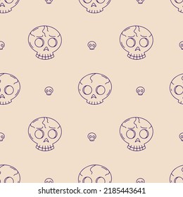 Seamless pattern with line art skulls on beige background