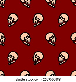 Seamless pattern of line art skulls on red background. Suitable for backdrop, textile, gift wrapper, and wallpaper 