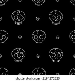 Seamless pattern with line art skulls on black background
