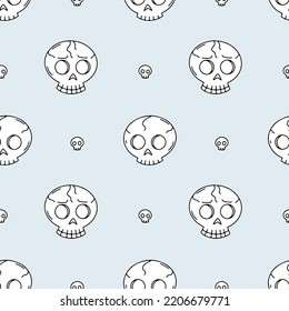 Seamless pattern with line art skulls on pastel blue background