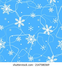 Arte de línea de patrones sin foco con copos de nieve. Impresión delicada del invierno. Gráficos vectoriales.