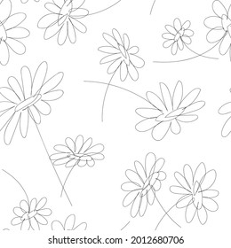 Seamless Pattern In Line Art Style, With Linear Daisies  Minimalistic Texture With Simple Flowers. Abstract Background, Minimalist Wallpaper, Floral Print For Fabric, Hand Drawn Chamomile Pattern.