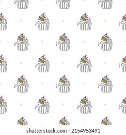 Seamless pattern with line art style cupcake. Vector texture in gentle colors. Cute minimalistic illustration for menu, paper, fabric, textile, wrapping, scrapbooking.