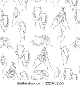Patrón sin brillo en el estilo de arte de línea con la imagen de manos sosteniendo tubos y latas. El diseño minimalista del patrón es perfecto para el diseño de envases, el papel de embalaje y las pruebas
