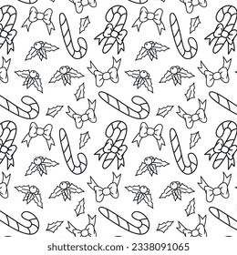  seamless pattern in line art style, on the theme of christmas and new year, elements of socks and bows. Patern on white background