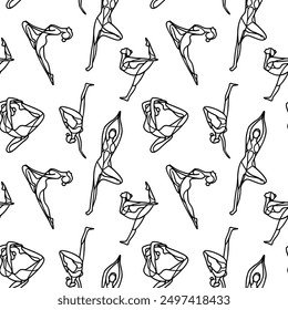 Seamless pattern in line art style of yoga poses, simple line style, elegant and sophisticated silhouettes, black contours on a white background, vector