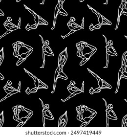 Seamless pattern in line art style of yoga poses, simple line style, elegant and sophisticated silhouettes, white contours on a black background, vector