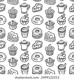 Patrón sin fisuras en estilo de arte de línea, patrón de repetición. Diseño para el acondicionamiento de los alimentos, dulces, café, torta, helado, cupcake, Vector