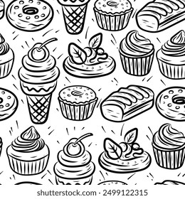seamless pattern in line art style, repeating pattern. Design for food packaging, sweets, coffee, cake, ice cream, cupcake, vector