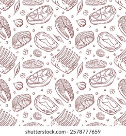 Seamless pattern with line art style meat cut and fish steak, vegetables and herb. Perfect for food design for packaging, restaurant menu and culinary project.