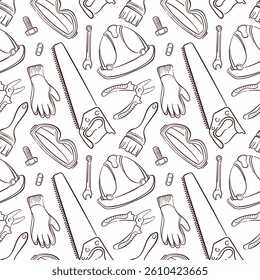 Seamless pattern with line art style construction tools including gloves, saw, pliers, wrench, helmet, brush, bolts and goggles isolated on a white background.