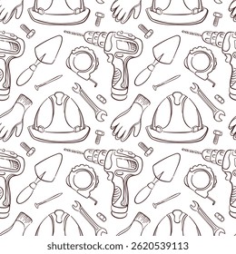 Seamless pattern of line art style construction tool including drill, helmet, gloves,, wrench and trowel. Perfect for building site, renovation, repair or engineering design.