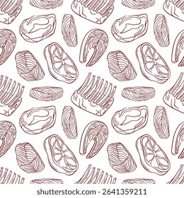 Seamless pattern with line art style pieces of meat and fish, steak, ribs and salmon on white background. Perfect for butcher shop packaging, wallpaper grocery design or culinary book.