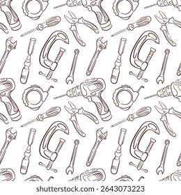 Seamless pattern with line art style tools, drill, clamp, pliers, wrench and screwdriver. Perfect for construction repair store and industrial repair design.